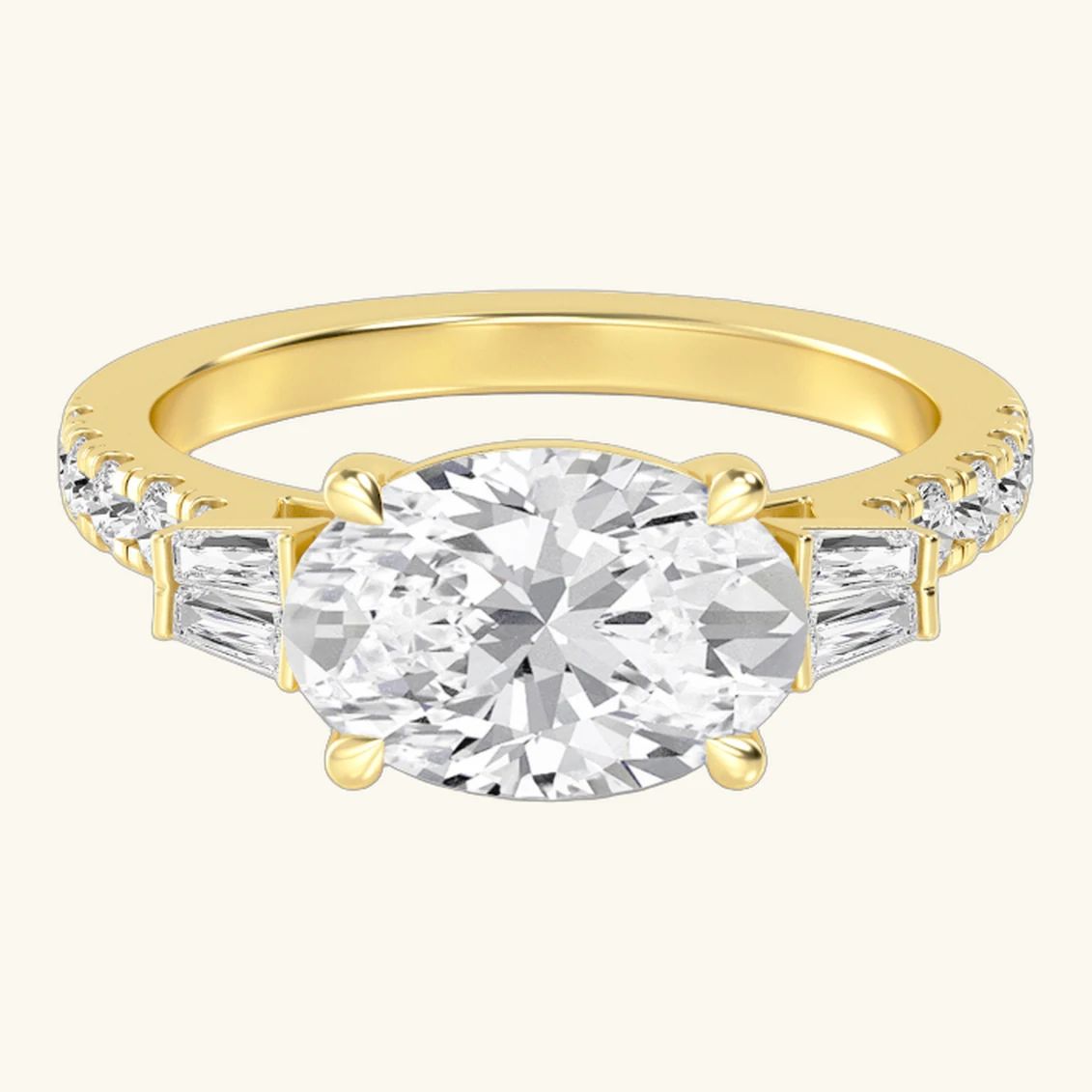 Lorelei, East-West Oval, Tapered Baguette Sides, Pavé Band in Yellow Gold, oval