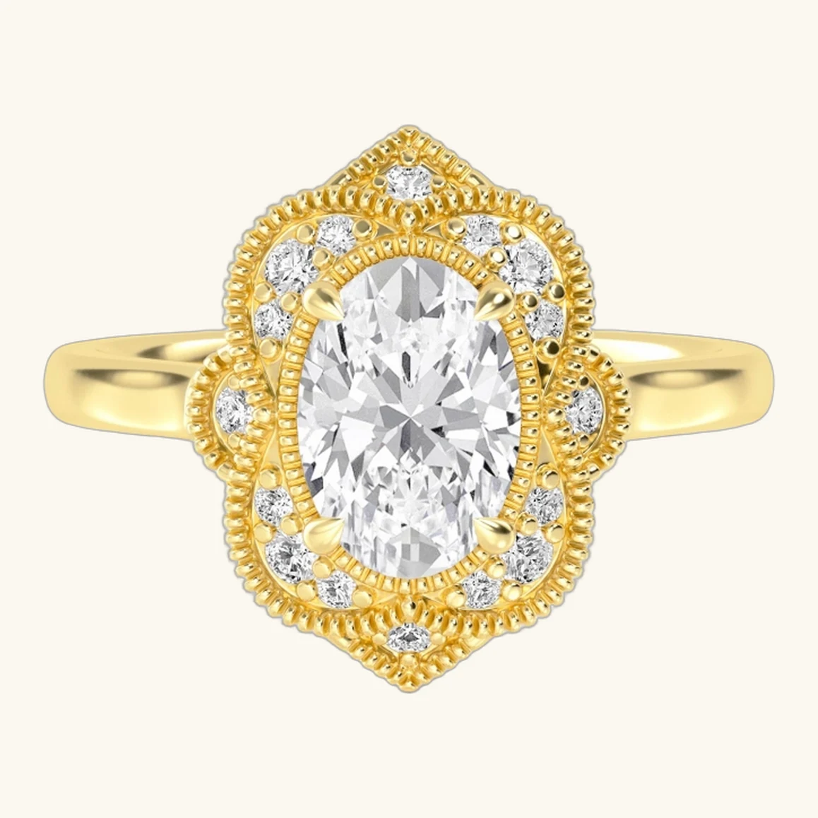 Maren, Oval Halo with Milgrain, Plain Band in Yellow Gold, oval