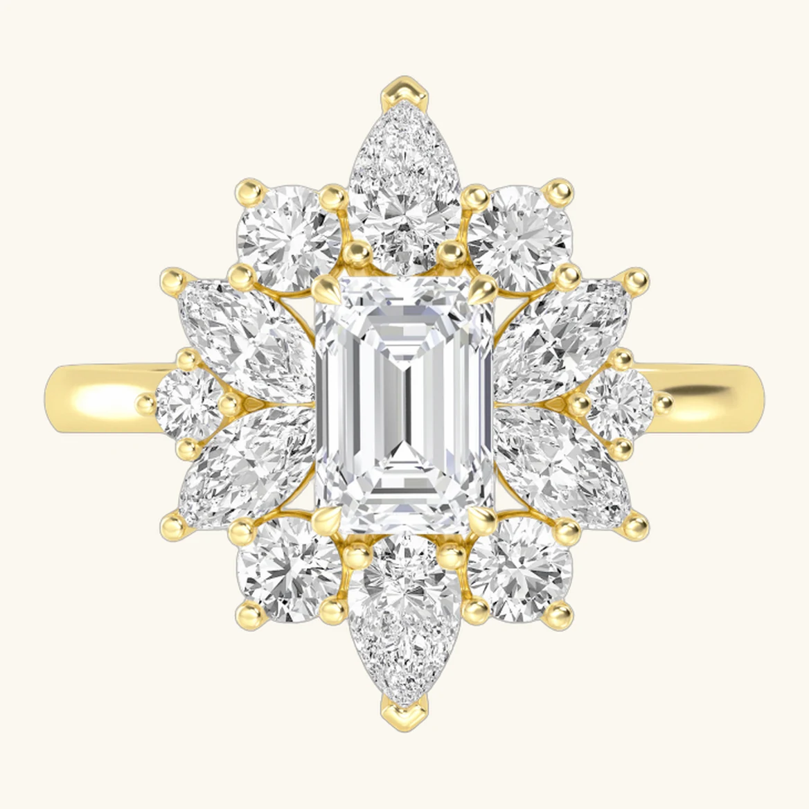 Xenia, Emerald Cut Cluster of Pears, Marquises and Rounds in Yellow Gold, emerald