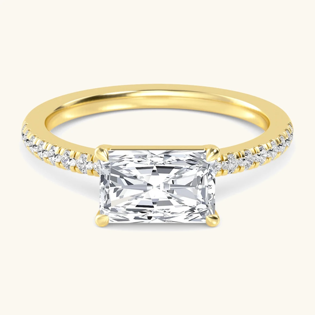 Sage, Four Prong Radiant East-West Solitaire, Pavé Band in Yellow Gold, radiant