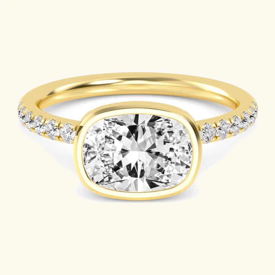 Lyric, Bezel Cushion East-West Solitaire, Pavé Band in Yellow Gold, cushion