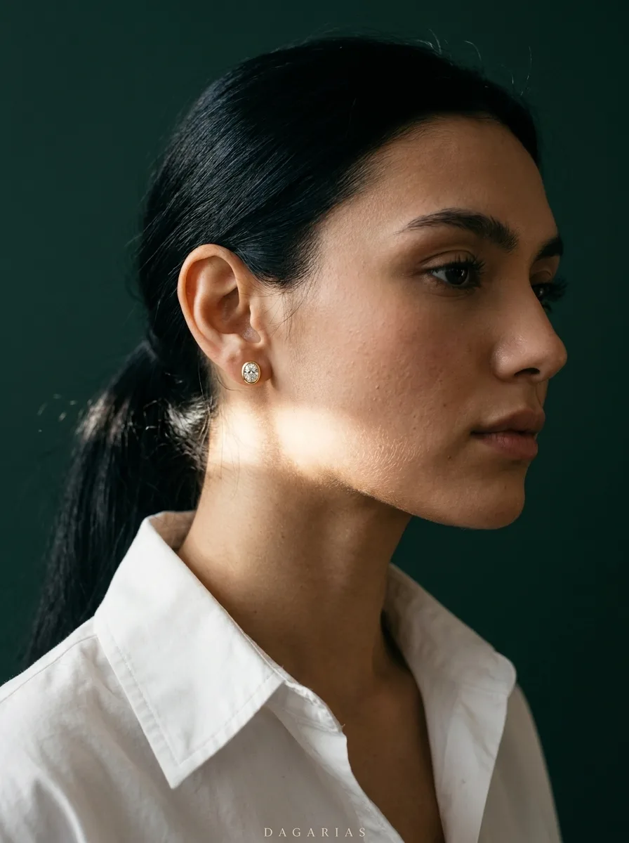 Moon Oval, Oval Bezel Studs in Yellow Gold, oval, worn