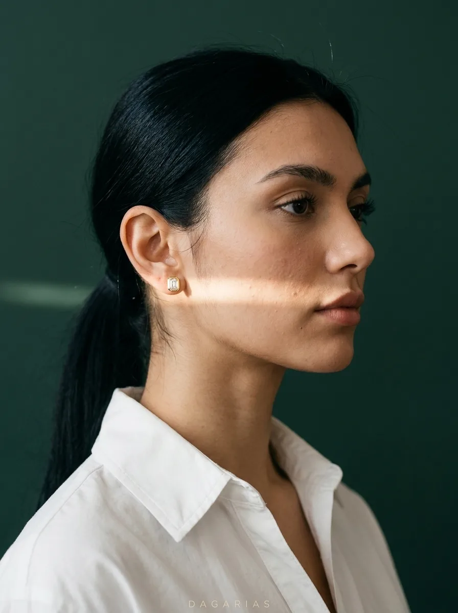 Moon Radiant, Radiant Bezel Studs in Yellow Gold, radiant, worn
