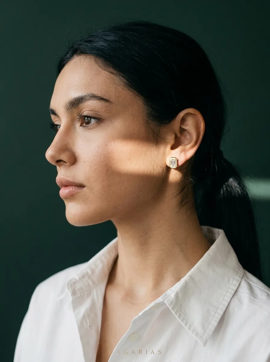 Moon Emerald, Emerald-Cut Bezel Studs in Yellow Gold, emerald, worn