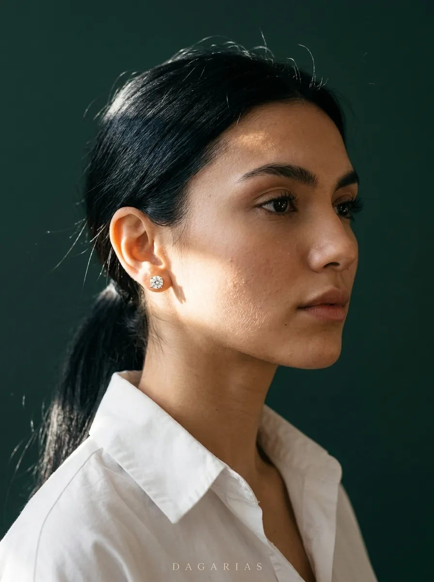 Dew, Four-Prong Lab-Grown Diamond Studs in Yellow Gold, round, worn