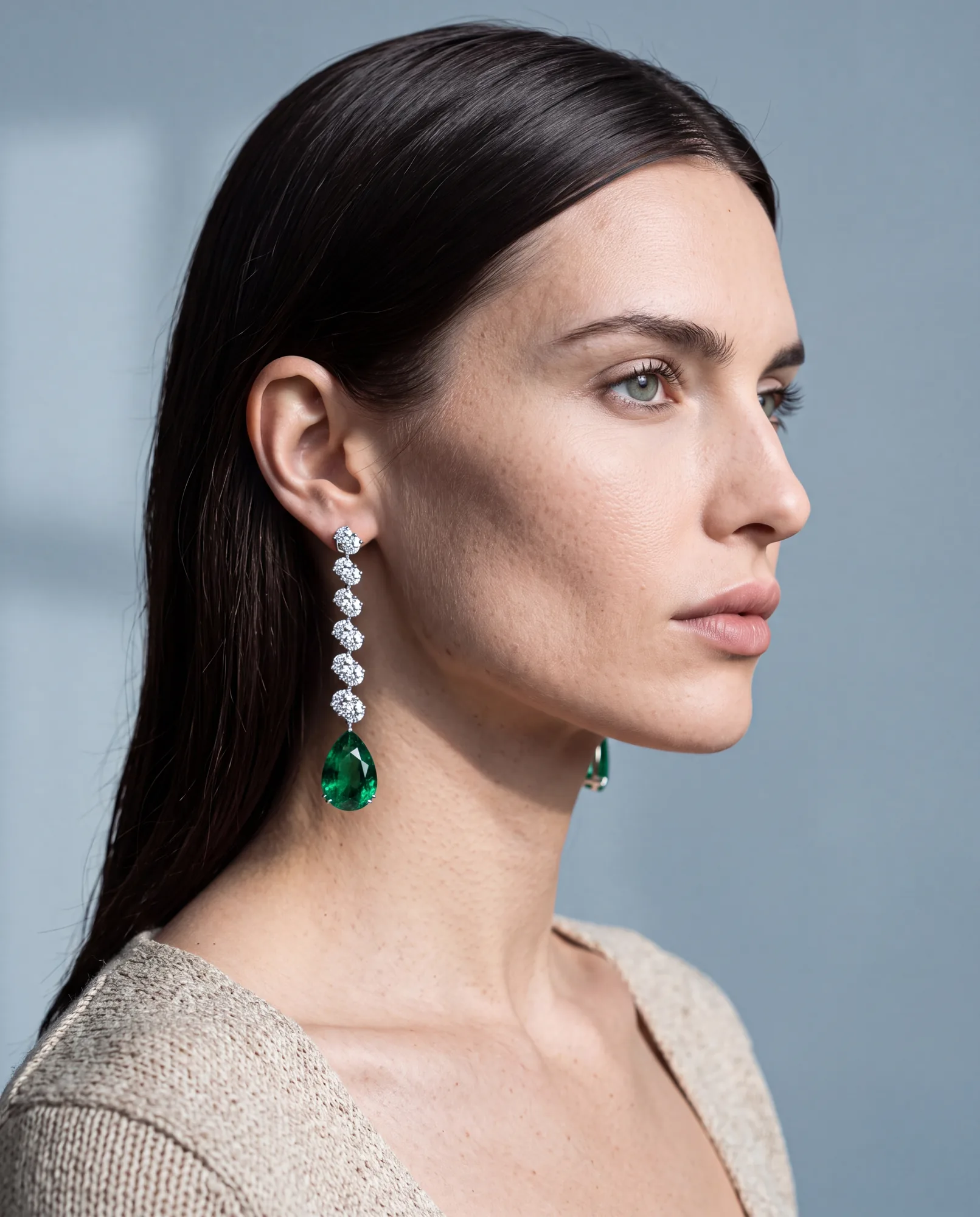 Elowen, Emerald and Lab-Grown Diamond Drop Earrings in White Gold, worn