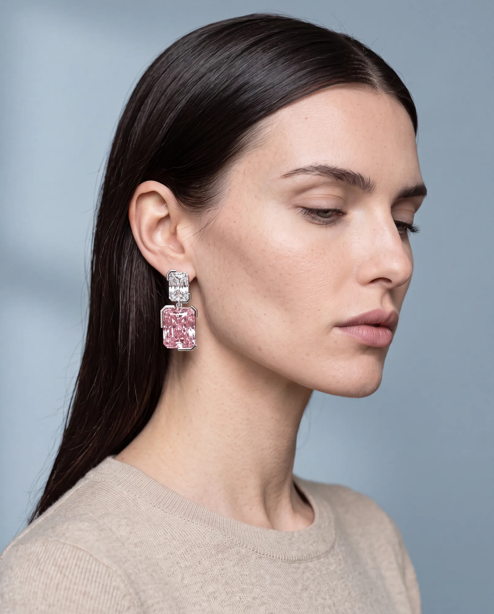 Rosalie, Pink Lab-Grown Diamond Drop Earrings in White Gold, worn