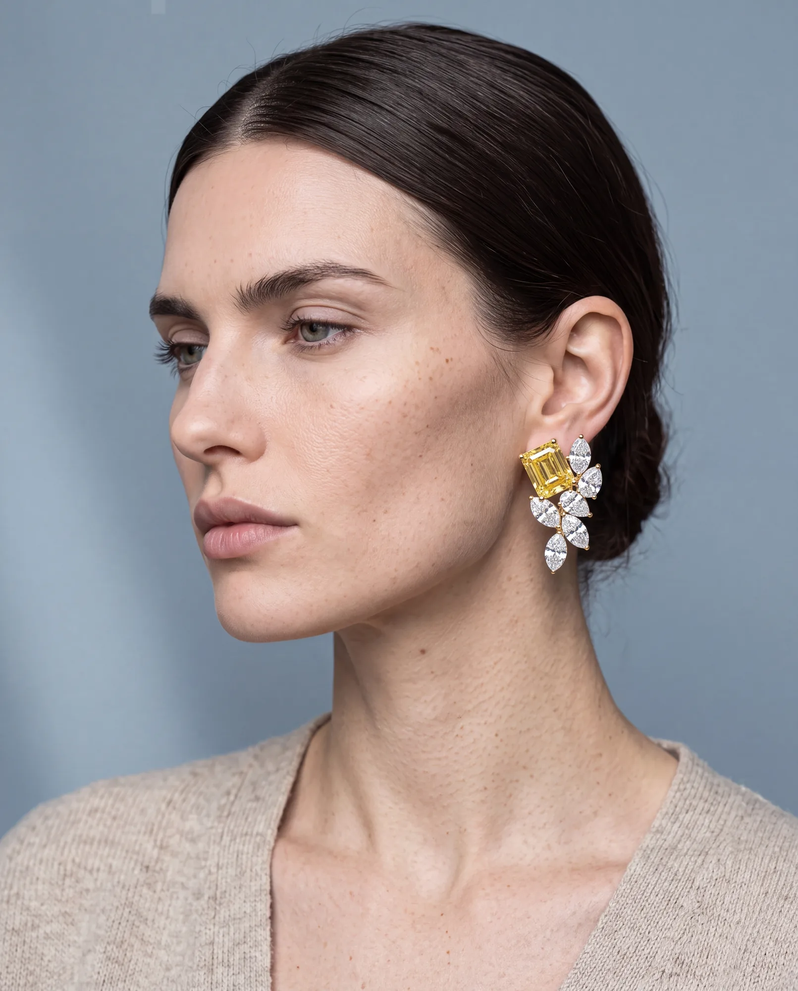 Soleil, Yellow Lab-Grown Diamond Drop Earrings in Yellow Gold, worn