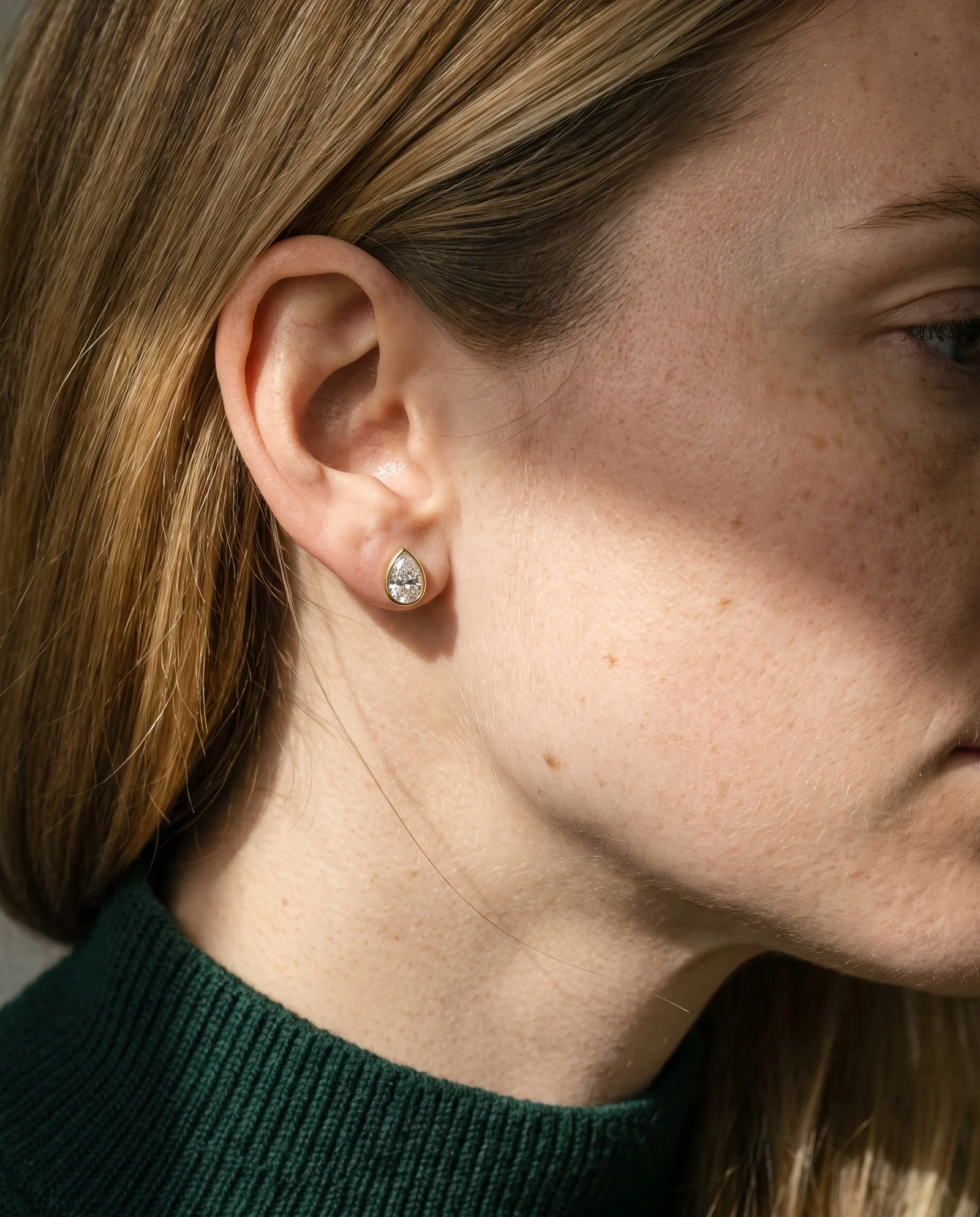 Rill, Pear Bezel Studs in Yellow Gold, pear, worn