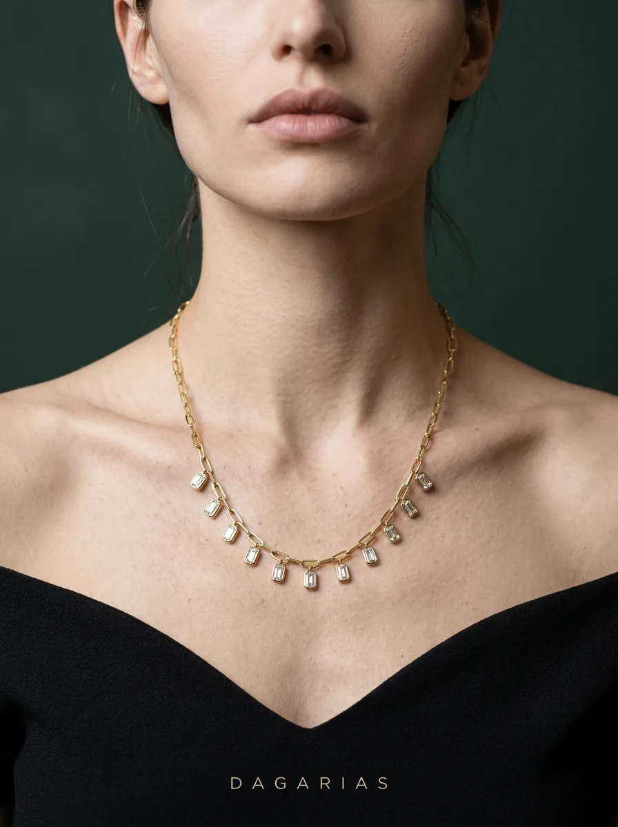 Postscript, Emerald-Cut Charm Necklace in Yellow Gold, emerald, worn