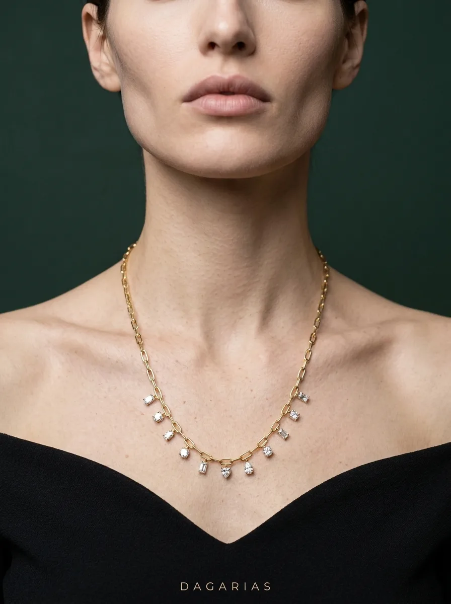 Trace, Paperclip Drop Necklace in Yellow Gold, round, worn