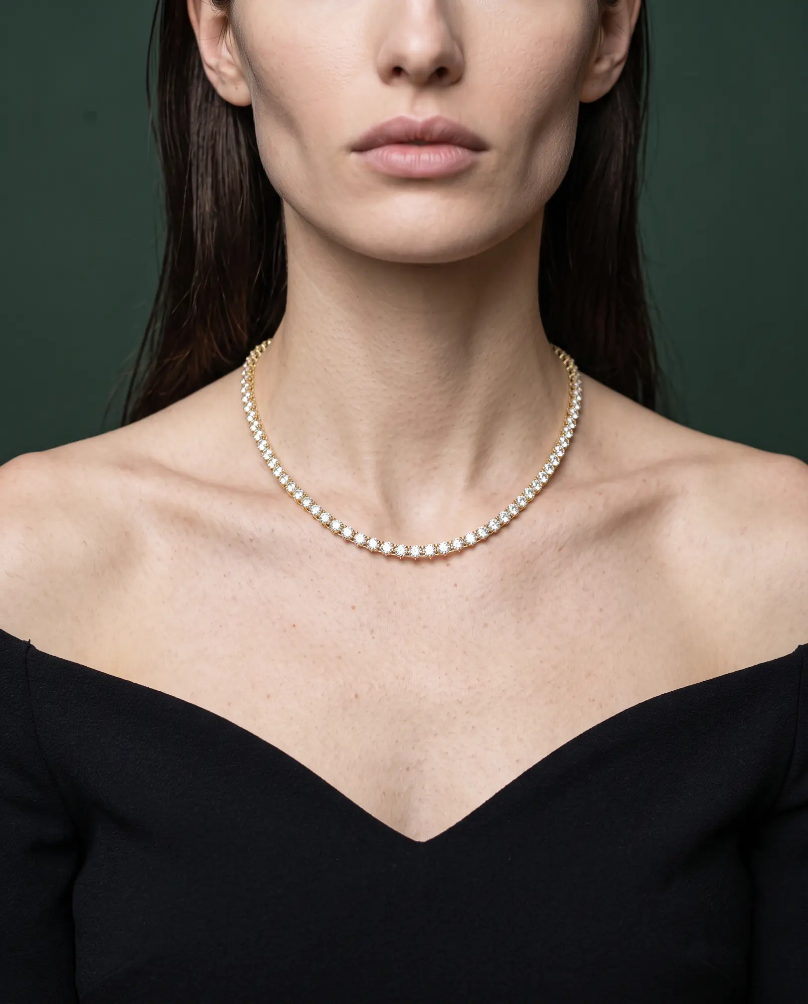 The Line, Riviera Necklace in Yellow Gold, round, worn