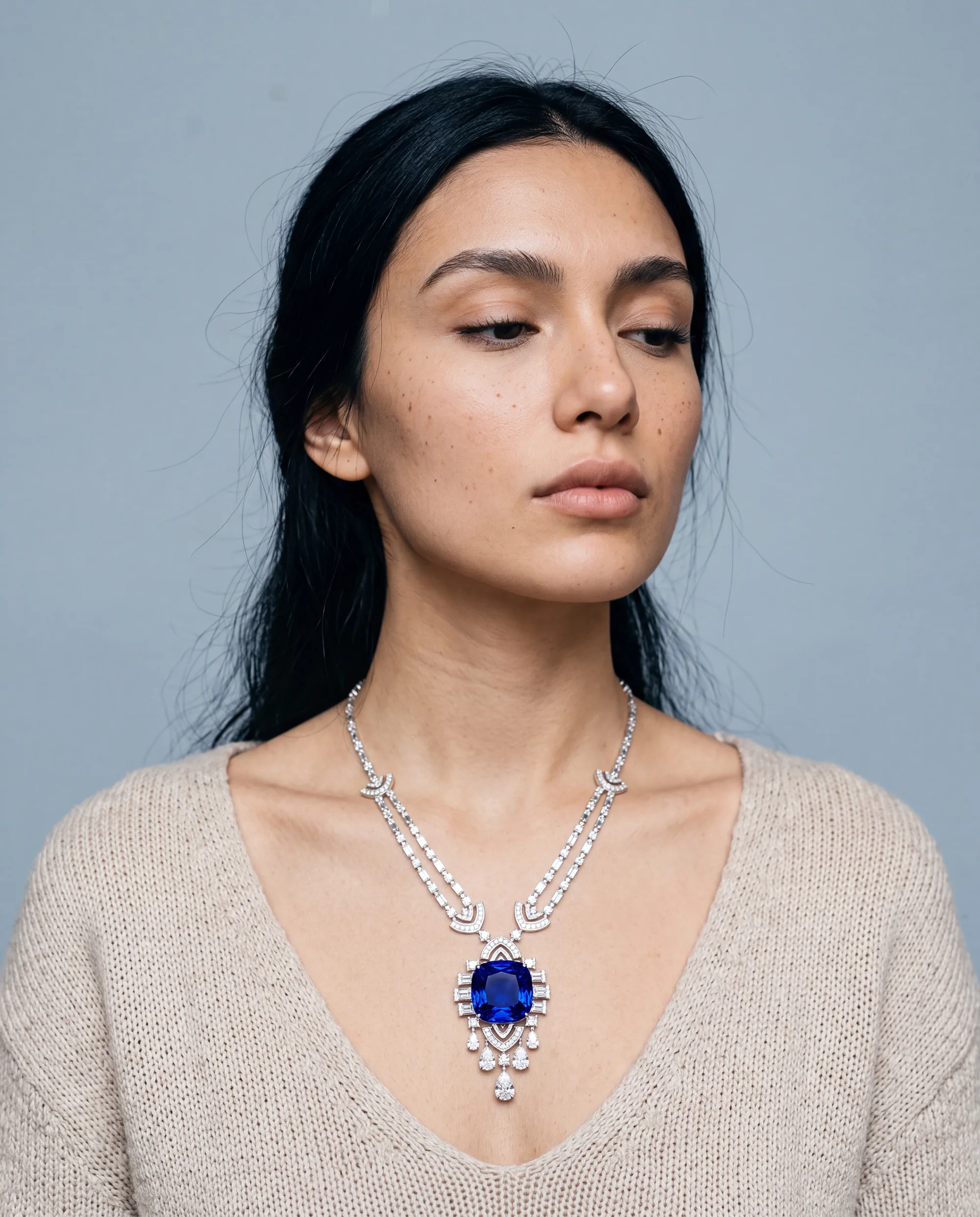 Ondine, Blue Sapphire Cushion Pendant in White Gold, worn