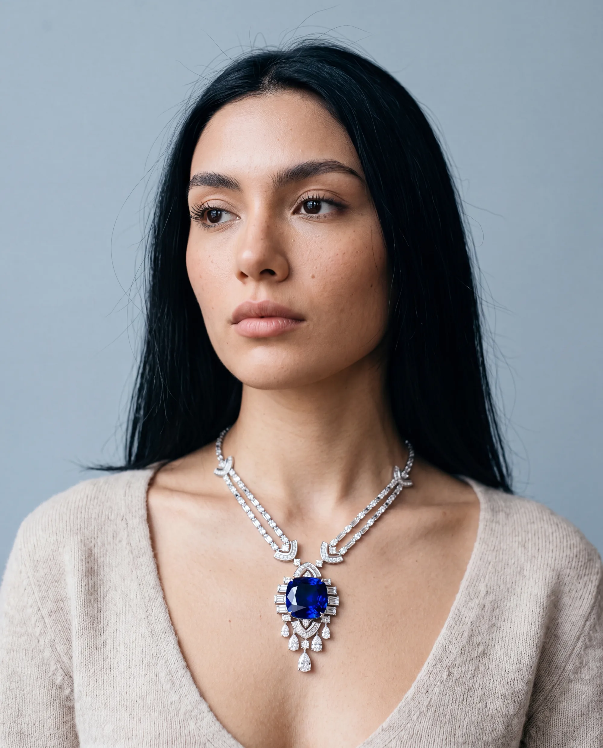 Ondine, Blue Sapphire Cushion Pendant in White Gold, worn