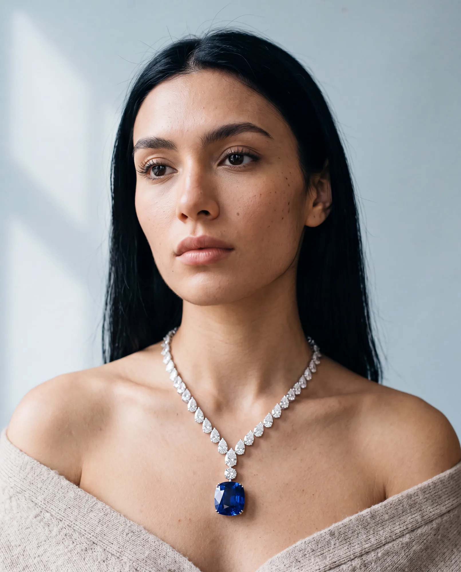 Celeste, Blue Sapphire Cushion Drop in White Gold, worn