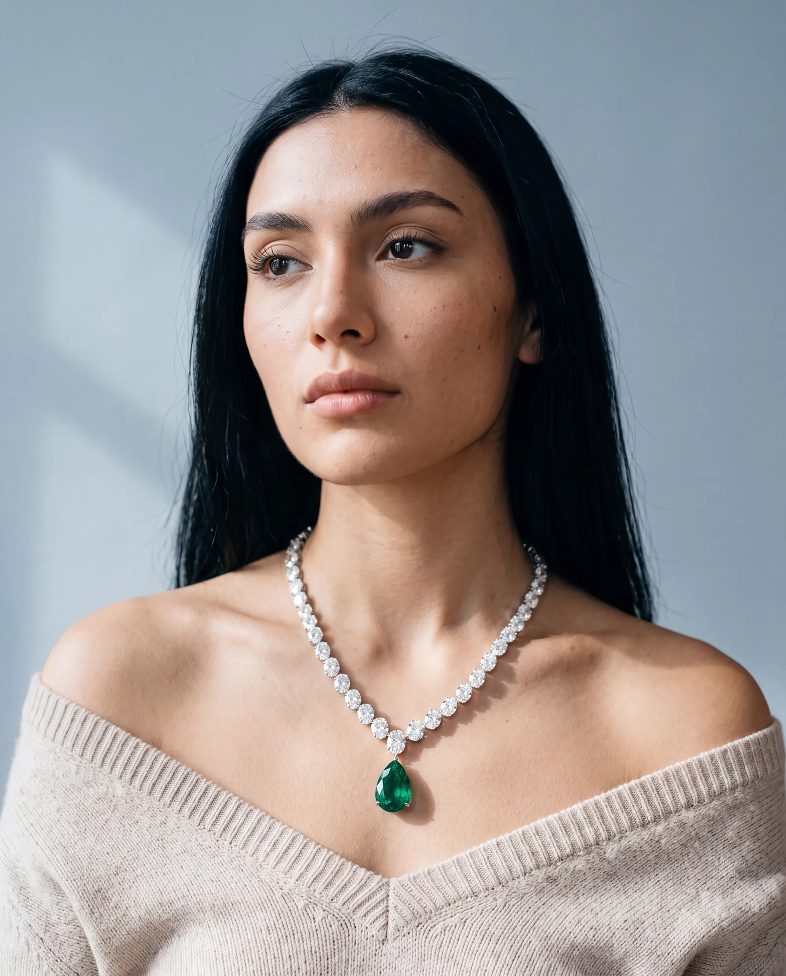 Sylvie, Emerald Pear Drop in White Gold, worn