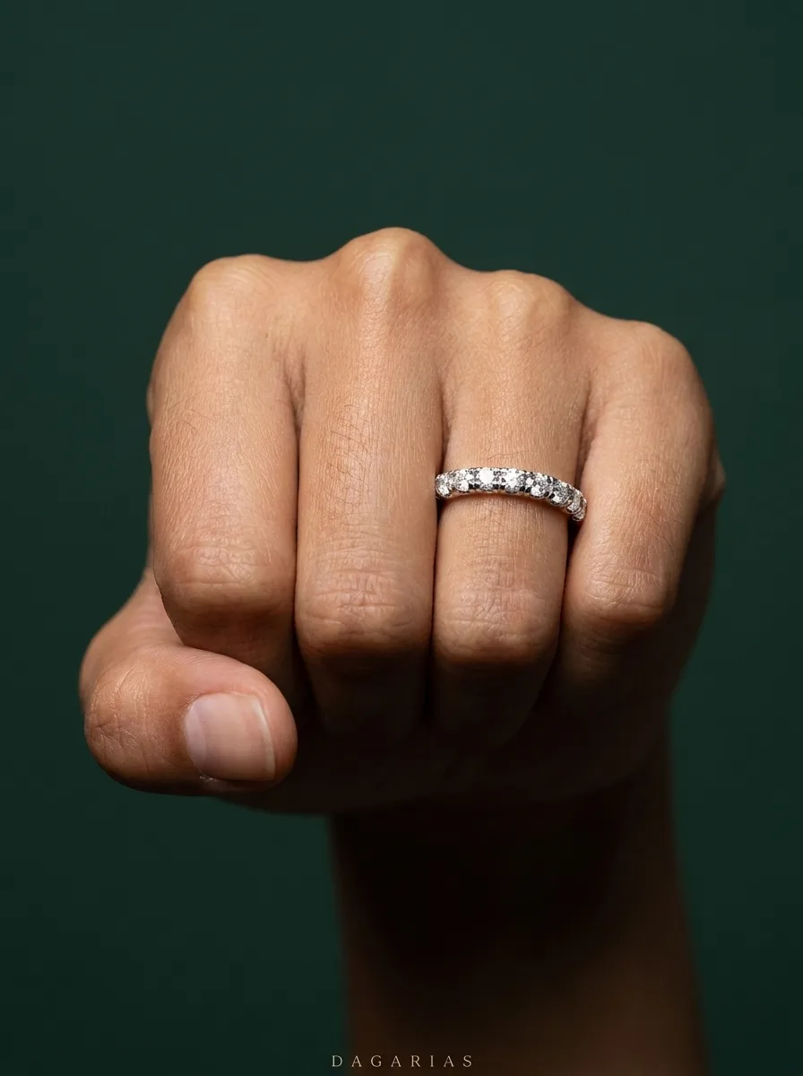 Clover, Shared-Prong Lab-Grown Diamond Band in White Gold, round, worn
