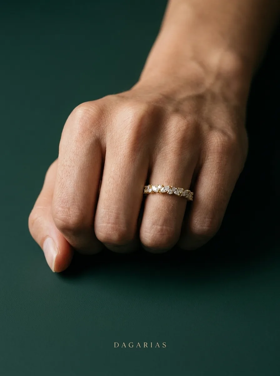 Petal Marquise Rounds, Marquise and Round Band in Yellow Gold, marquise, worn