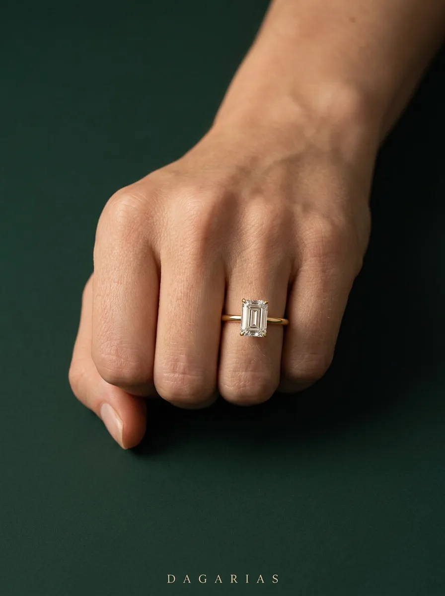 Secret Emerald, Emerald-Cut Solitaire in Yellow Gold, emerald, worn