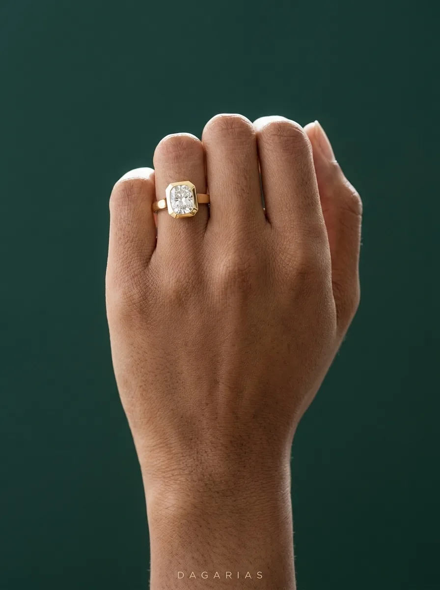 Hearth, Cushion Bezel Ring in Yellow Gold, cushion, worn