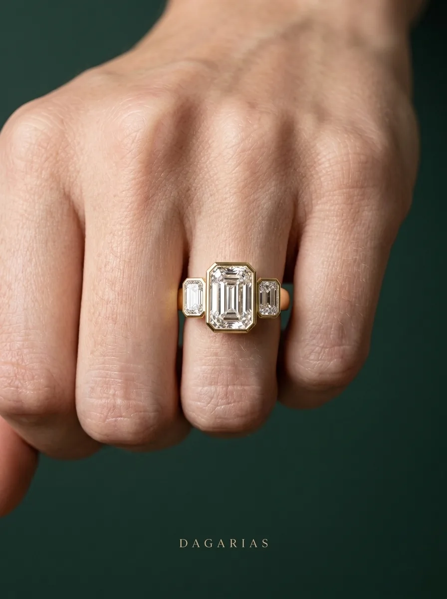 Lantern, Bezel Three-Stone Ring in Yellow Gold, emerald, worn