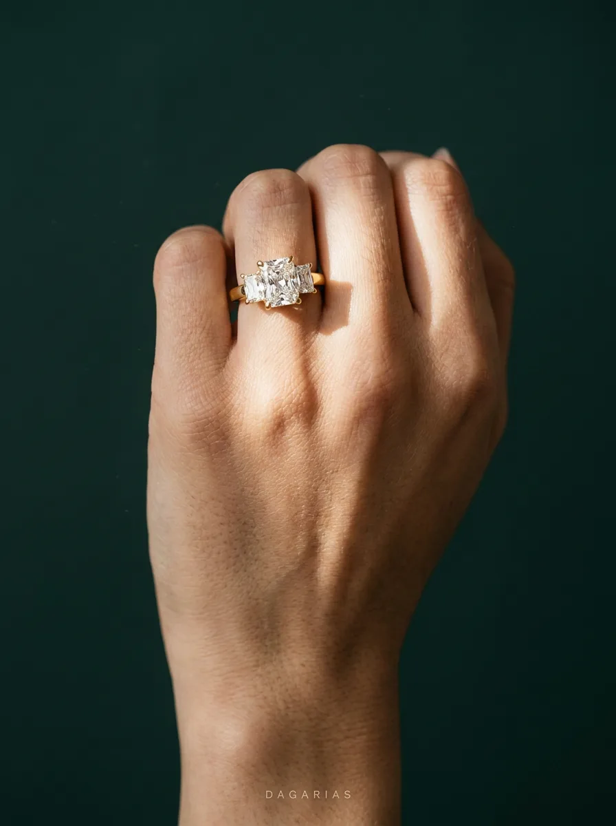 Prose, Three-Stone Radiant Ring in Yellow Gold, radiant, worn