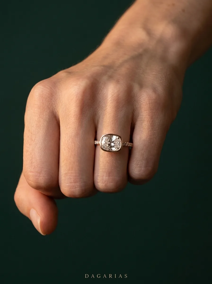 Dusk, Bezel Ring, Lab-Grown Diamond Band in Rose Gold, cushion, worn