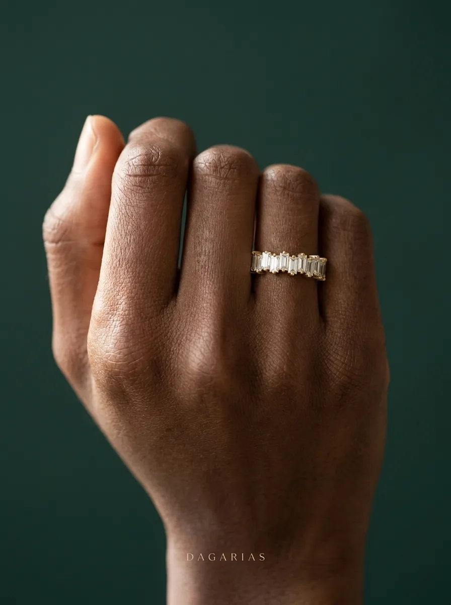 Snow, Upright Baguette Band in Yellow Gold, baguette, worn