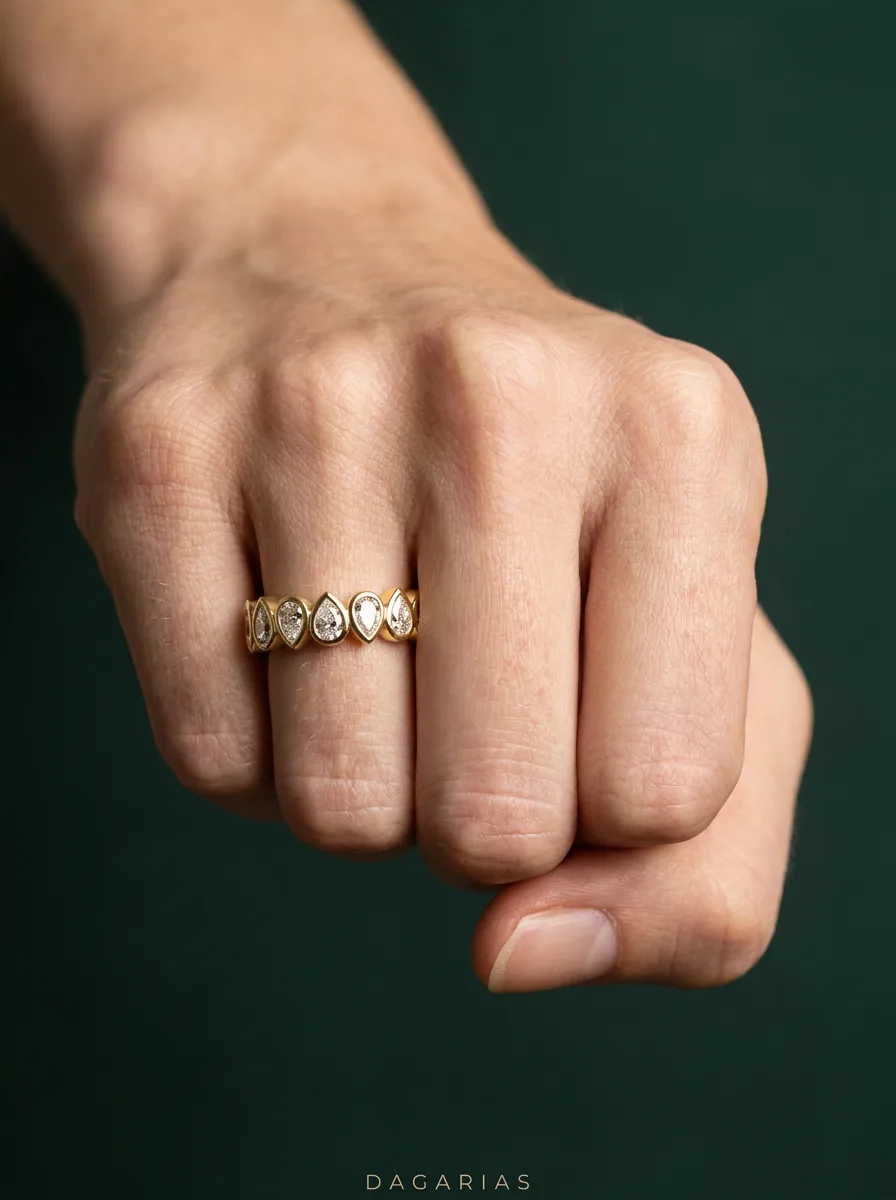 River, Bezel Eternity Band in Yellow Gold, pear, worn