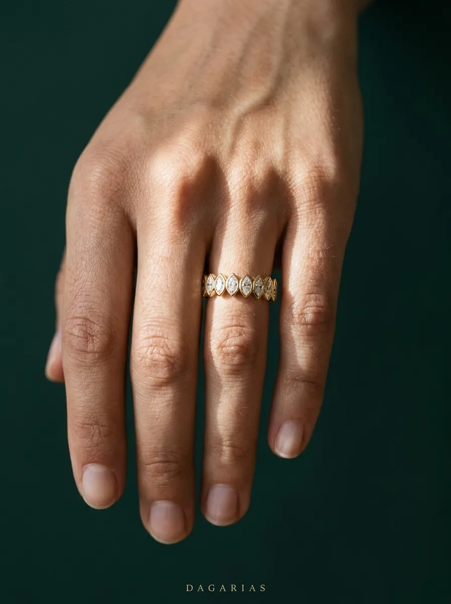 Pebble Marquise, Marquise Bezel Band in Yellow Gold, marquise, worn