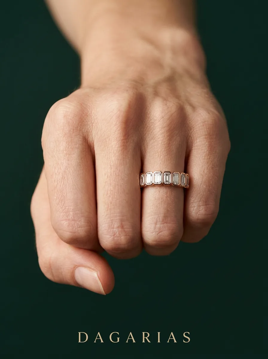 Pebble Radiant, Radiant Bezel Band in Rose Gold, radiant, worn
