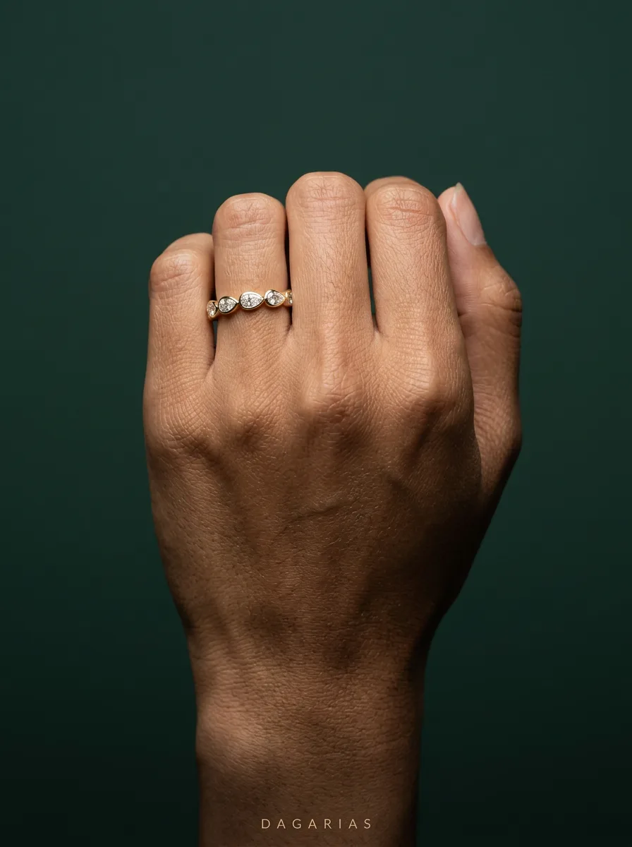 Pebble Pear, Pear Bezel Band in Yellow Gold, pear, worn