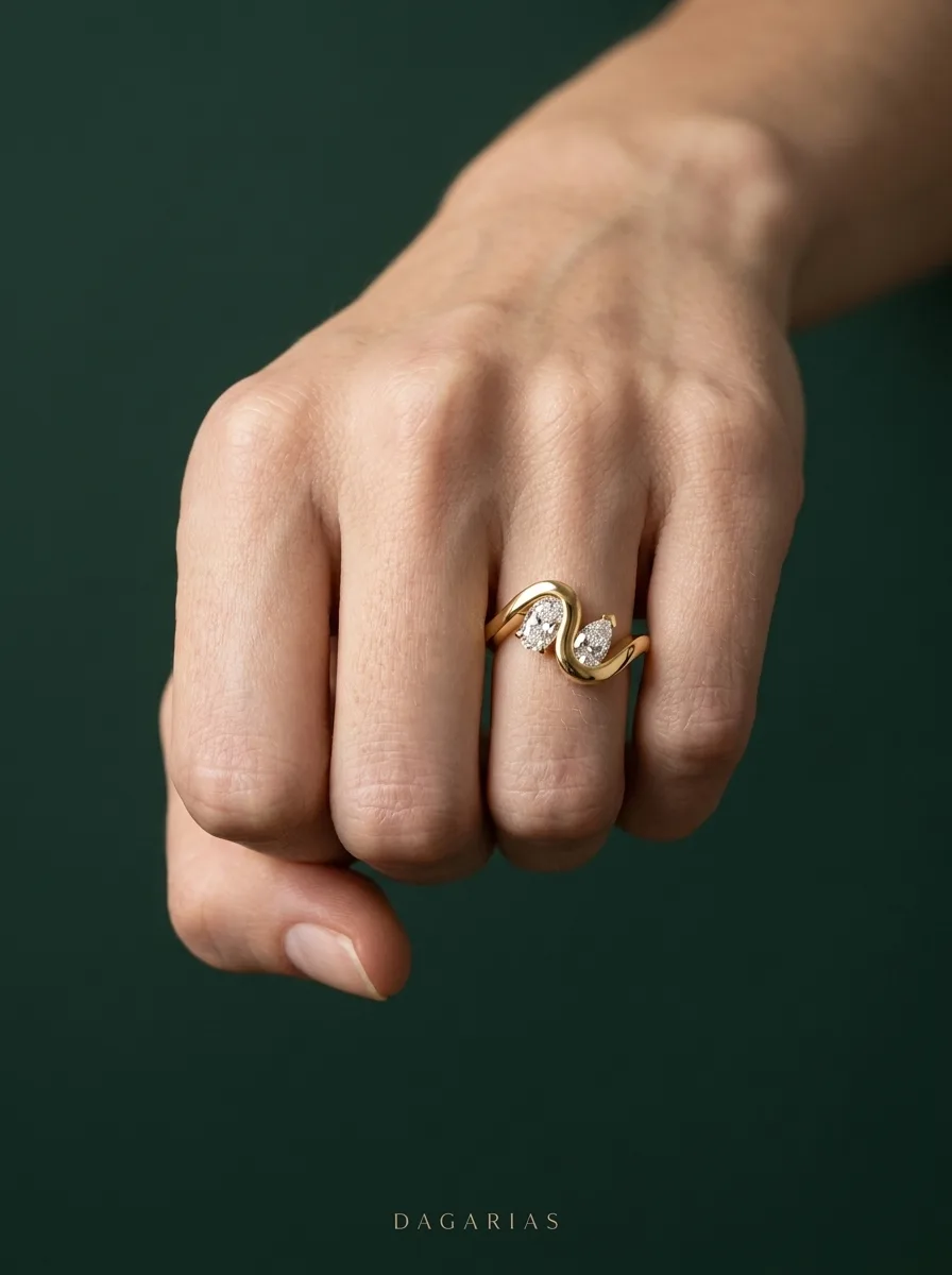 Tide, Two-Stone Bypass Ring in Yellow Gold, oval, worn
