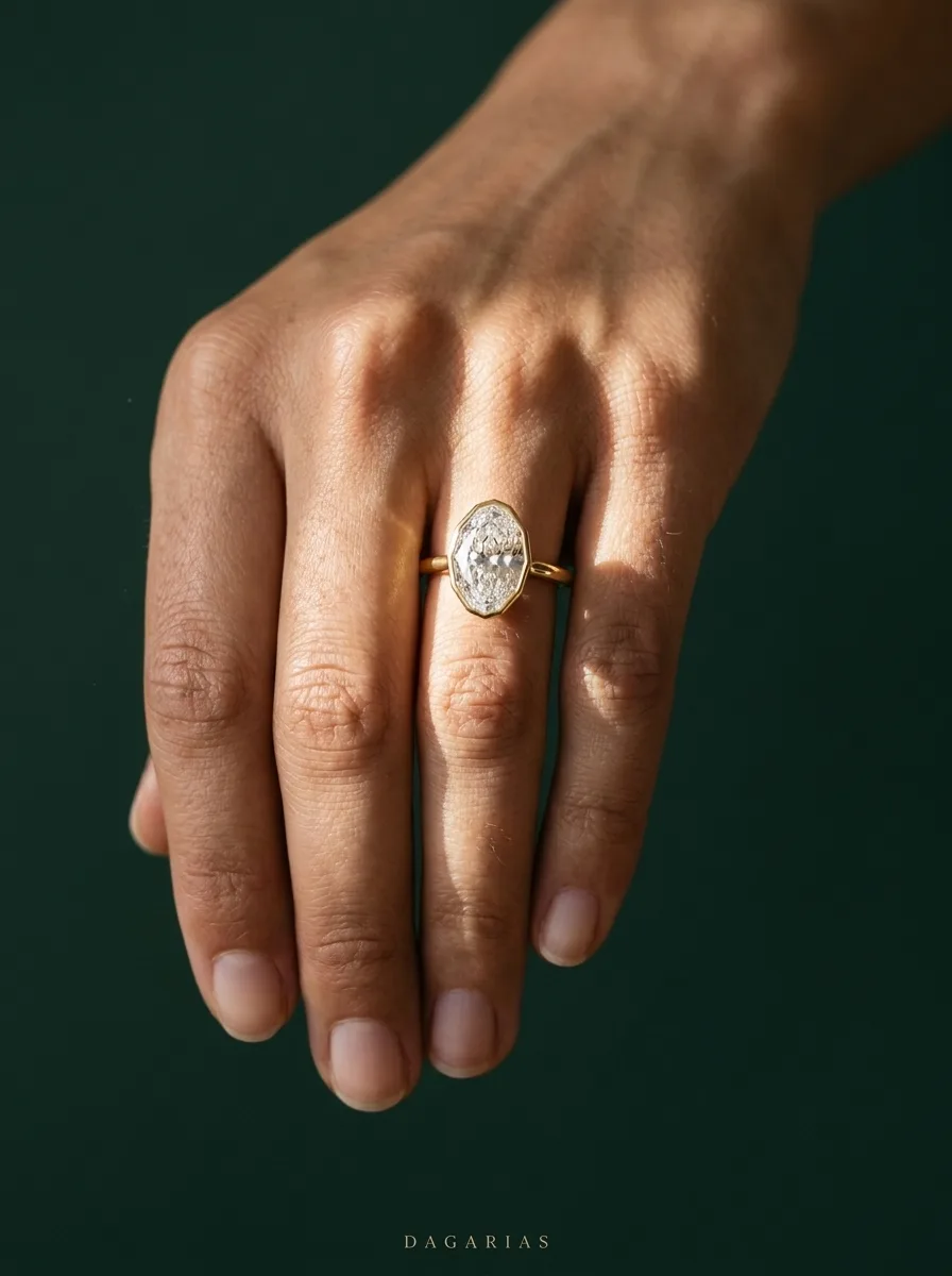 Stepwell, Bezel Step-Cut Ring in Yellow Gold, oval, worn