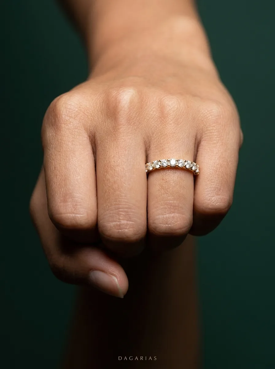 Vow, Shared-Prong Band in Yellow Gold, round, worn