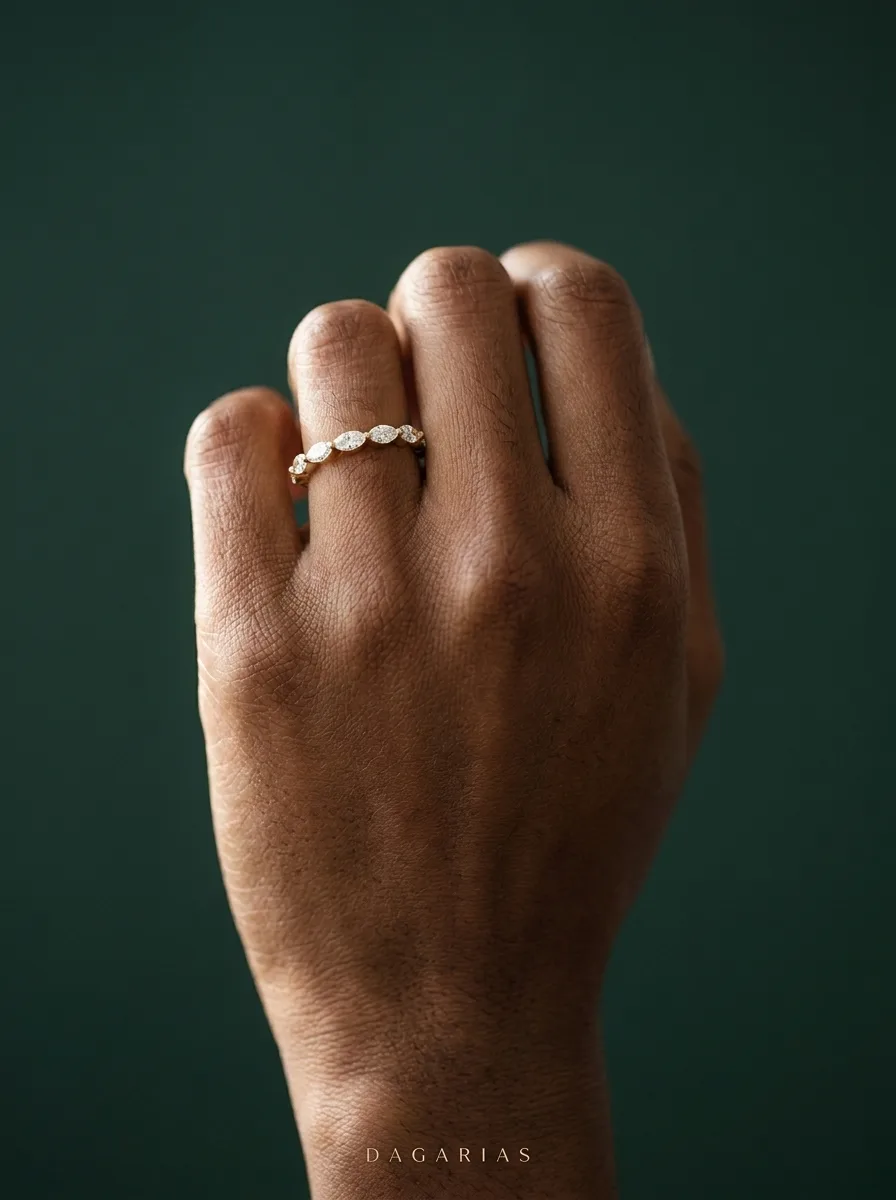 Petal Marquise, Marquise Shared-Prong Band in Yellow Gold, marquise, worn