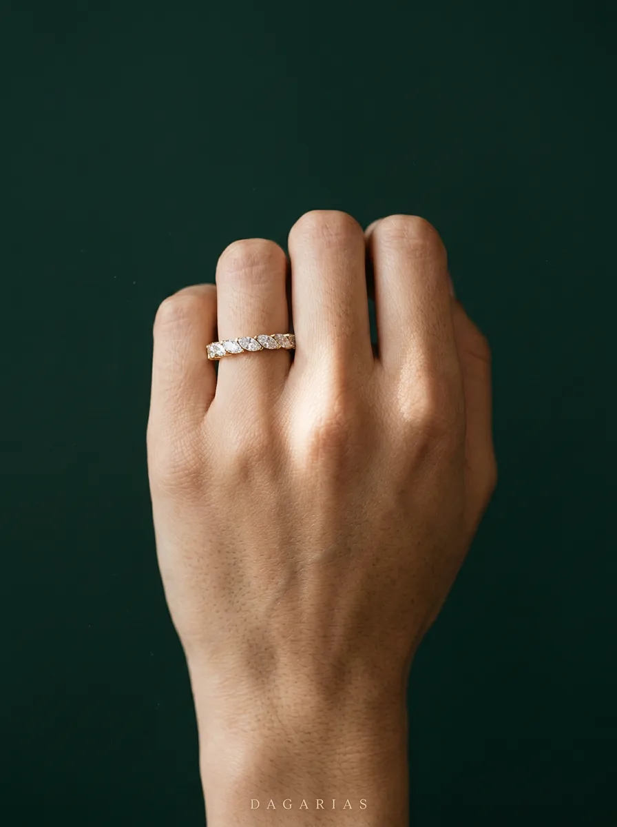 Petal Marquise Lengthwise, Marquise Tip-to-Tip Band in Yellow Gold, marquise, worn