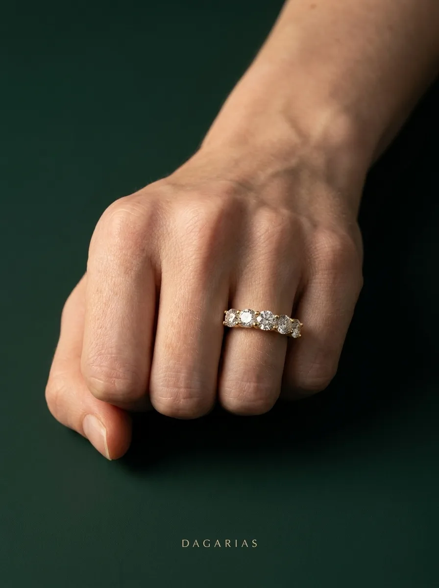 Chime, Round Five-Stone Ring in Yellow Gold, round, worn