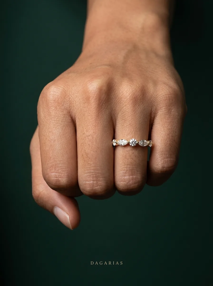 Meadow, Round & Marquise Band in Yellow Gold, round, worn