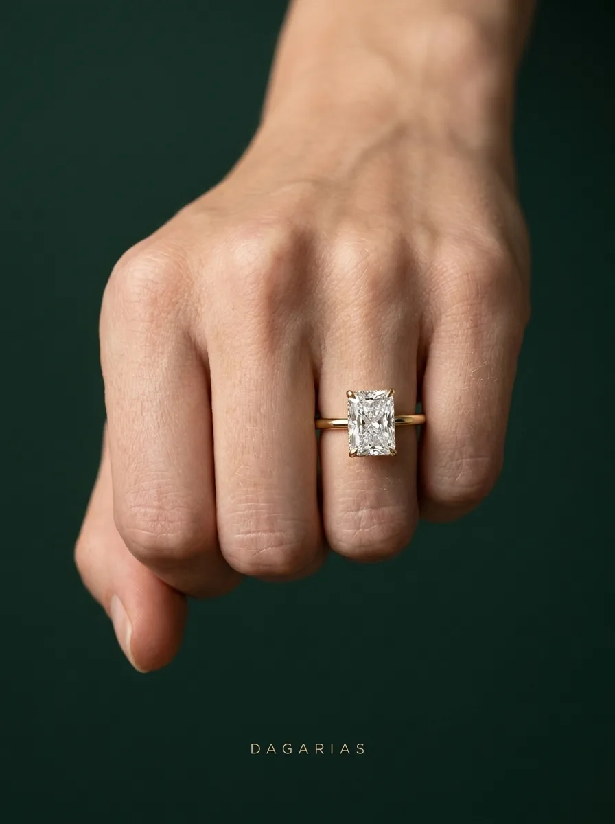 Secret Radiant, Radiant Hidden-Halo Solitaire in Yellow Gold, radiant, worn