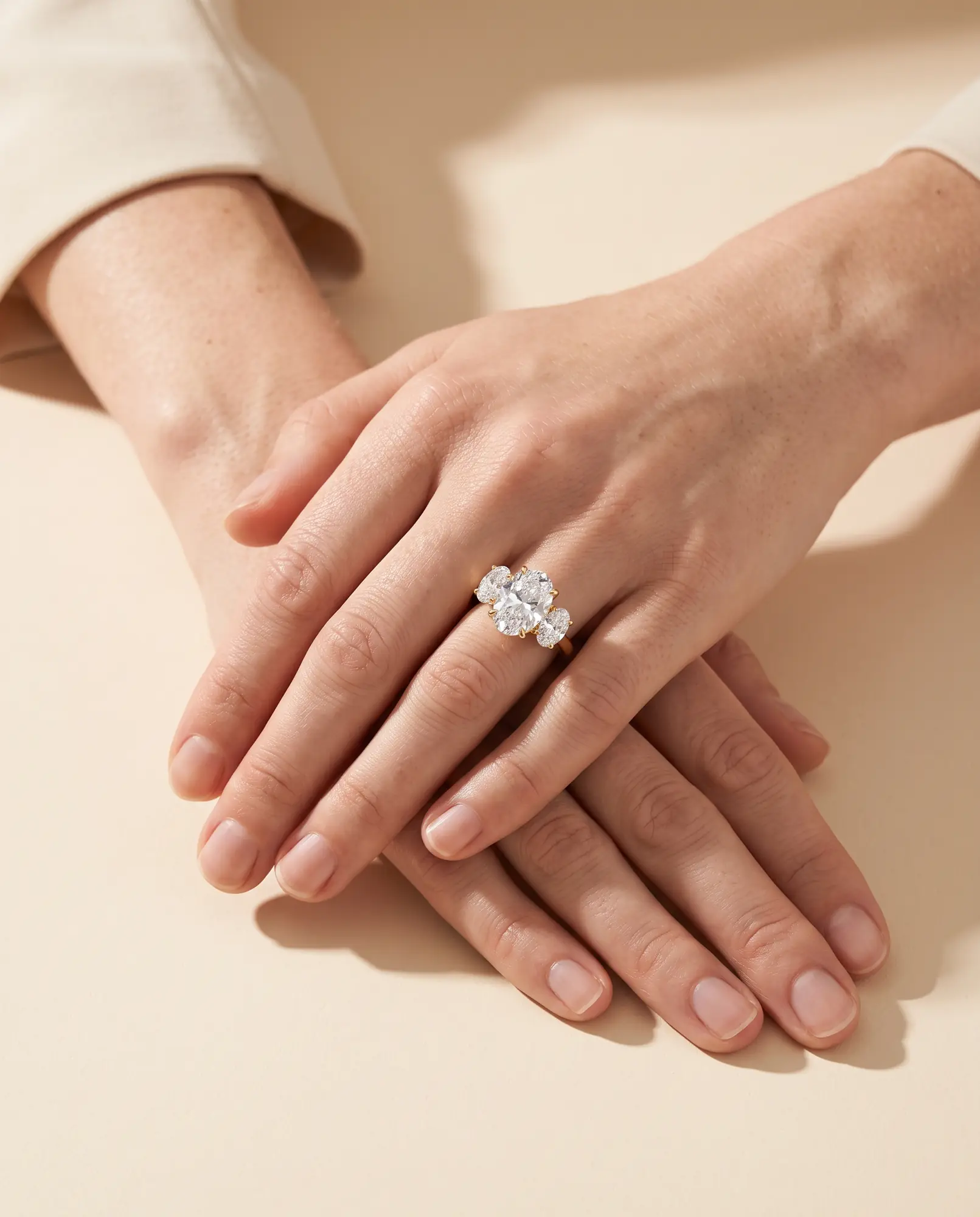 Story, Oval Three-Stone Ring in Yellow Gold, oval, worn