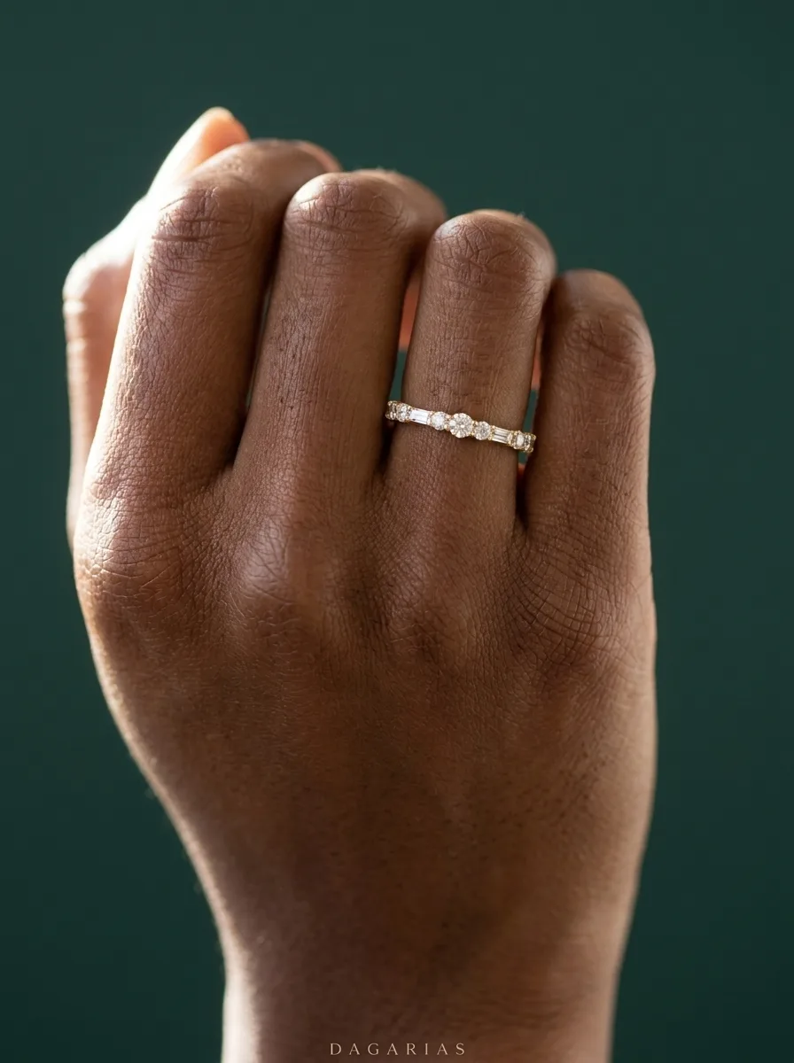 Verse, Round & Baguette Band in Yellow Gold, mixed, worn