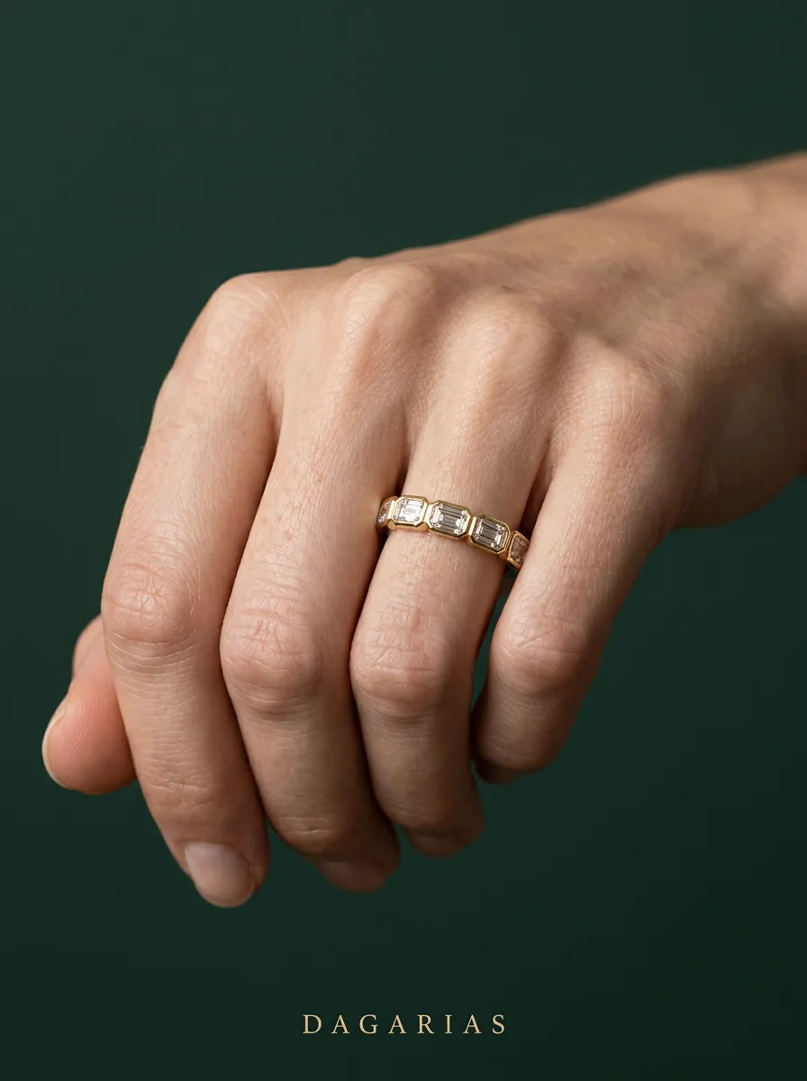 Pebble Emerald, Emerald-Cut Bezel Band in Yellow Gold, emerald, worn