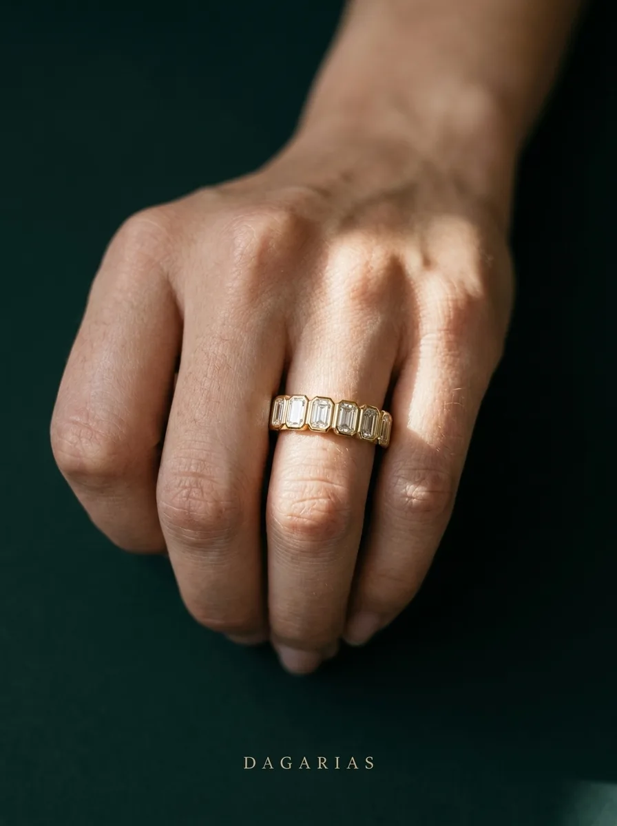 Pebble Emerald Upright, Upright Emerald-Cut Bezel Band in Yellow Gold, emerald, worn