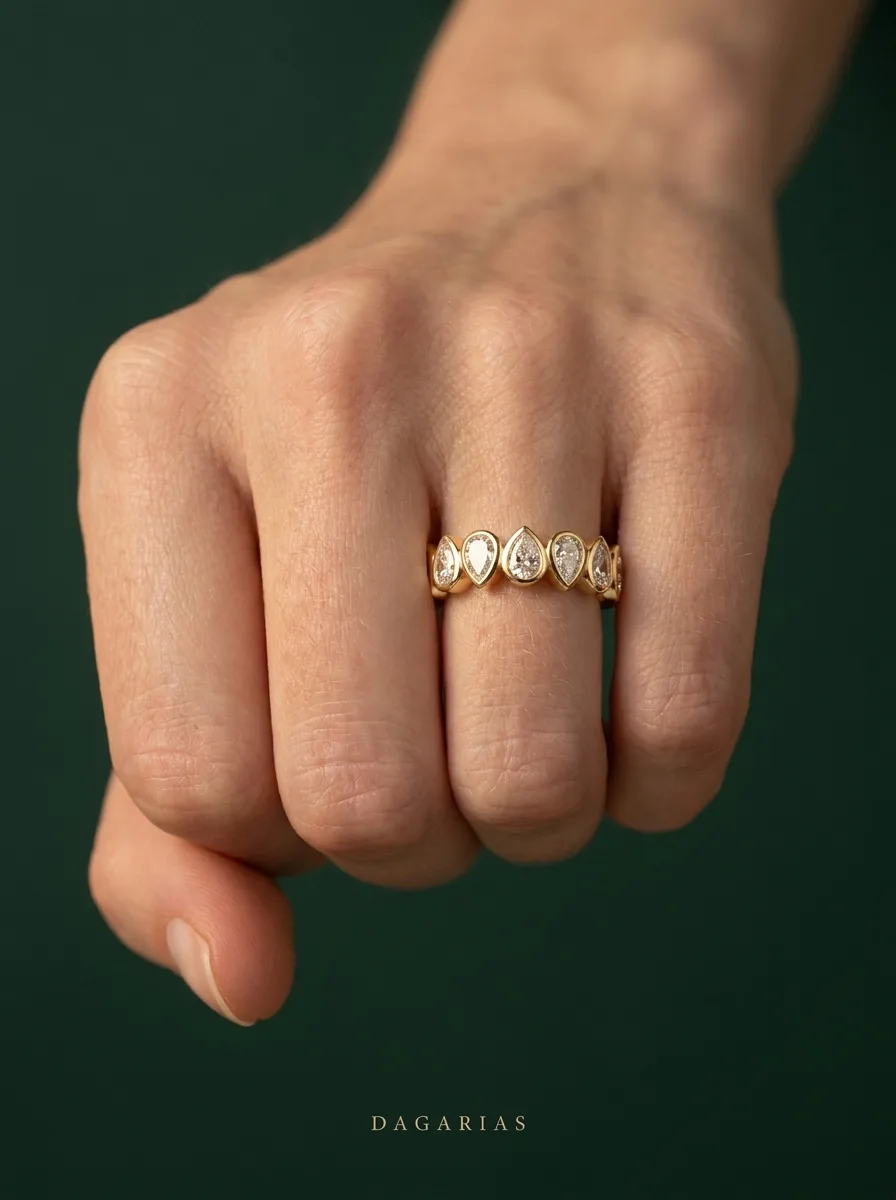 Pebble Pear Upright, Upright Pear Bezel Band in Yellow Gold, pear, worn