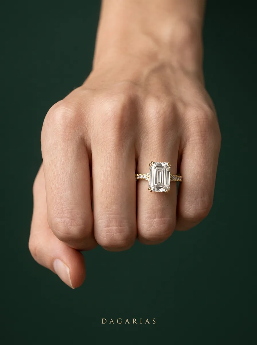 Fate Emerald, Emerald-Cut Cross-Band Solitaire in Yellow Gold, emerald, worn