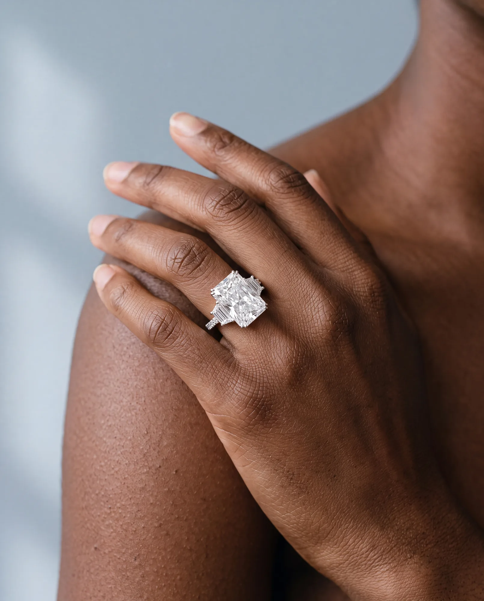 Colette, Radiant Three-Stone in White Gold, radiant, worn