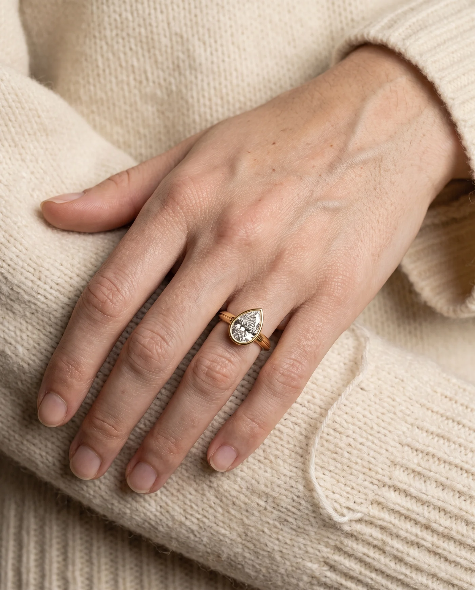 Drop, Pear Bezel Solitaire in Yellow Gold, pear, worn
