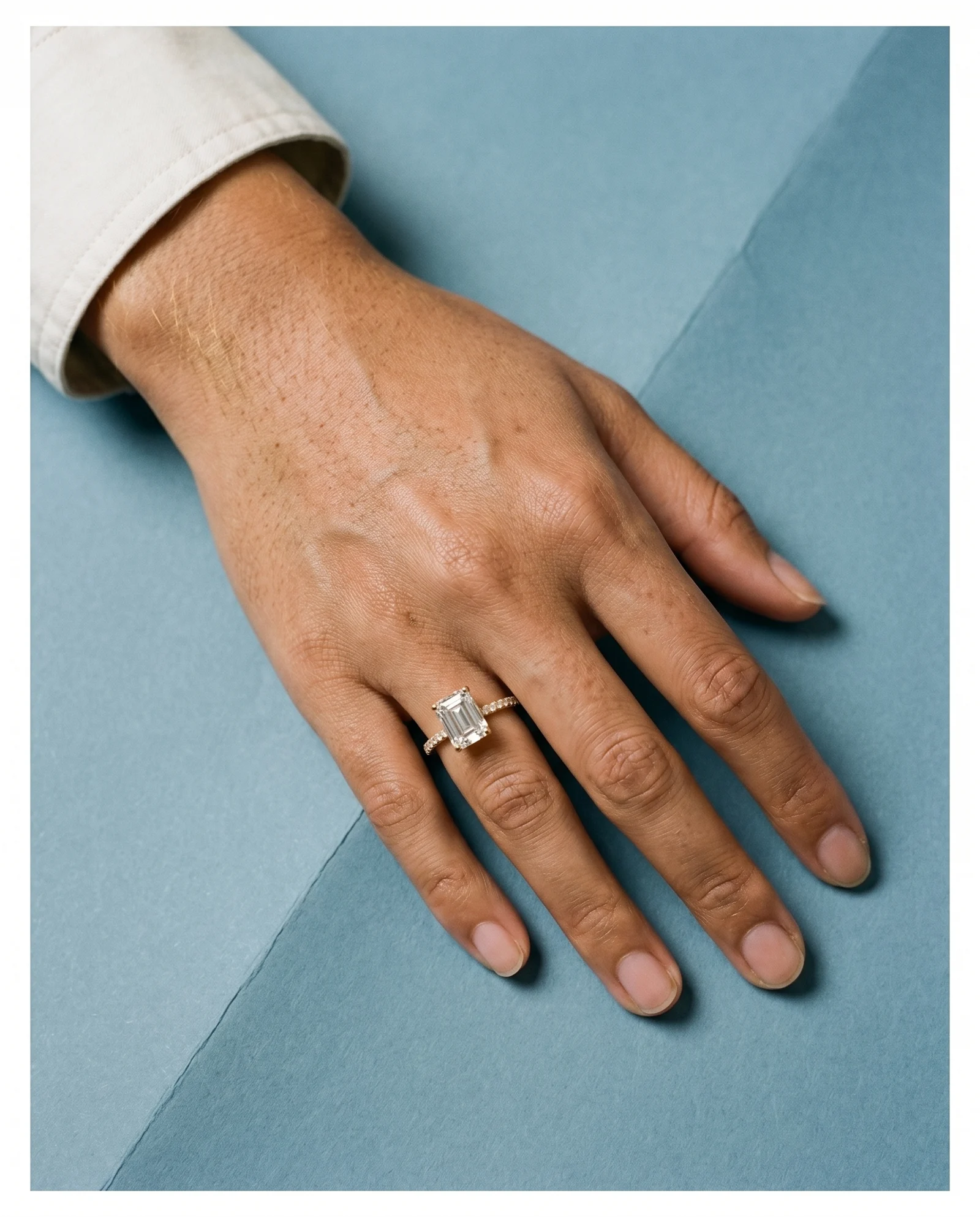 Sloe, Four Prong Emerald Solitaire, Pavé Band in Yellow Gold, emerald, worn