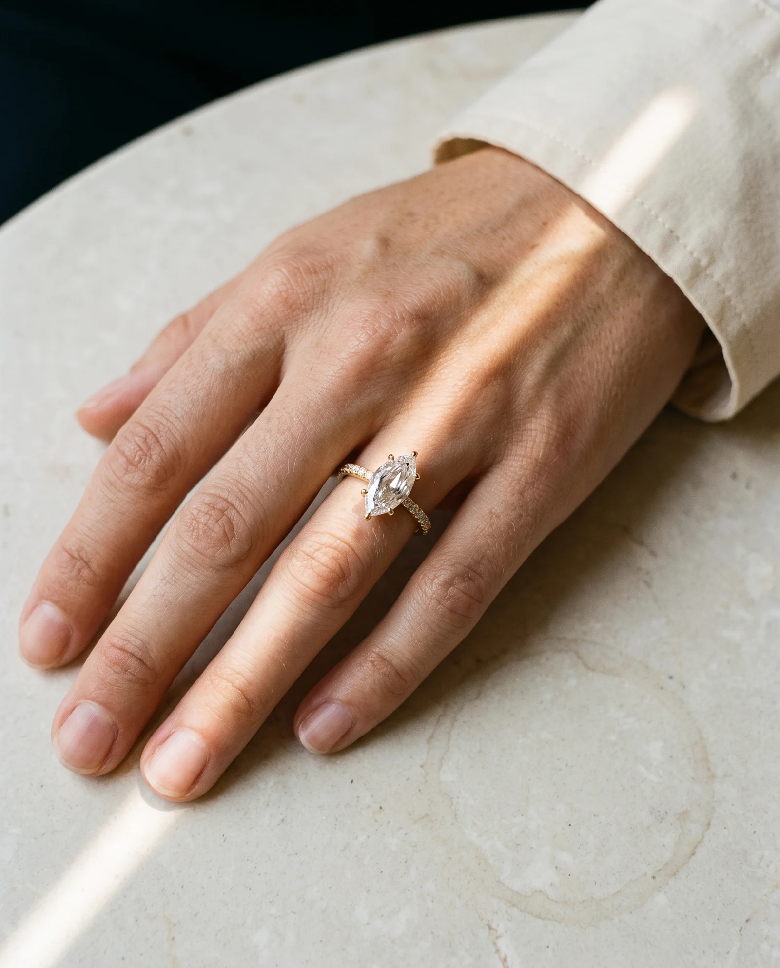 Aster, Four Prong Step-cut marquise Solitaire, Pavé Band in Yellow Gold, marquise, worn